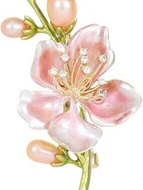 New Peach Blossom Brooch Women Men Delicate Crystal Flower Faux Pearl Enamel